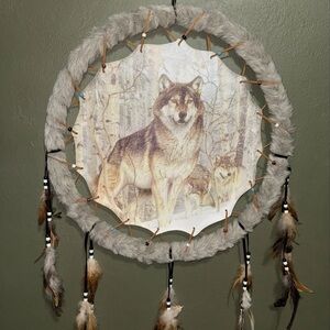 Large Wolf Dreamcatcher with Feathers - Gray and Brown